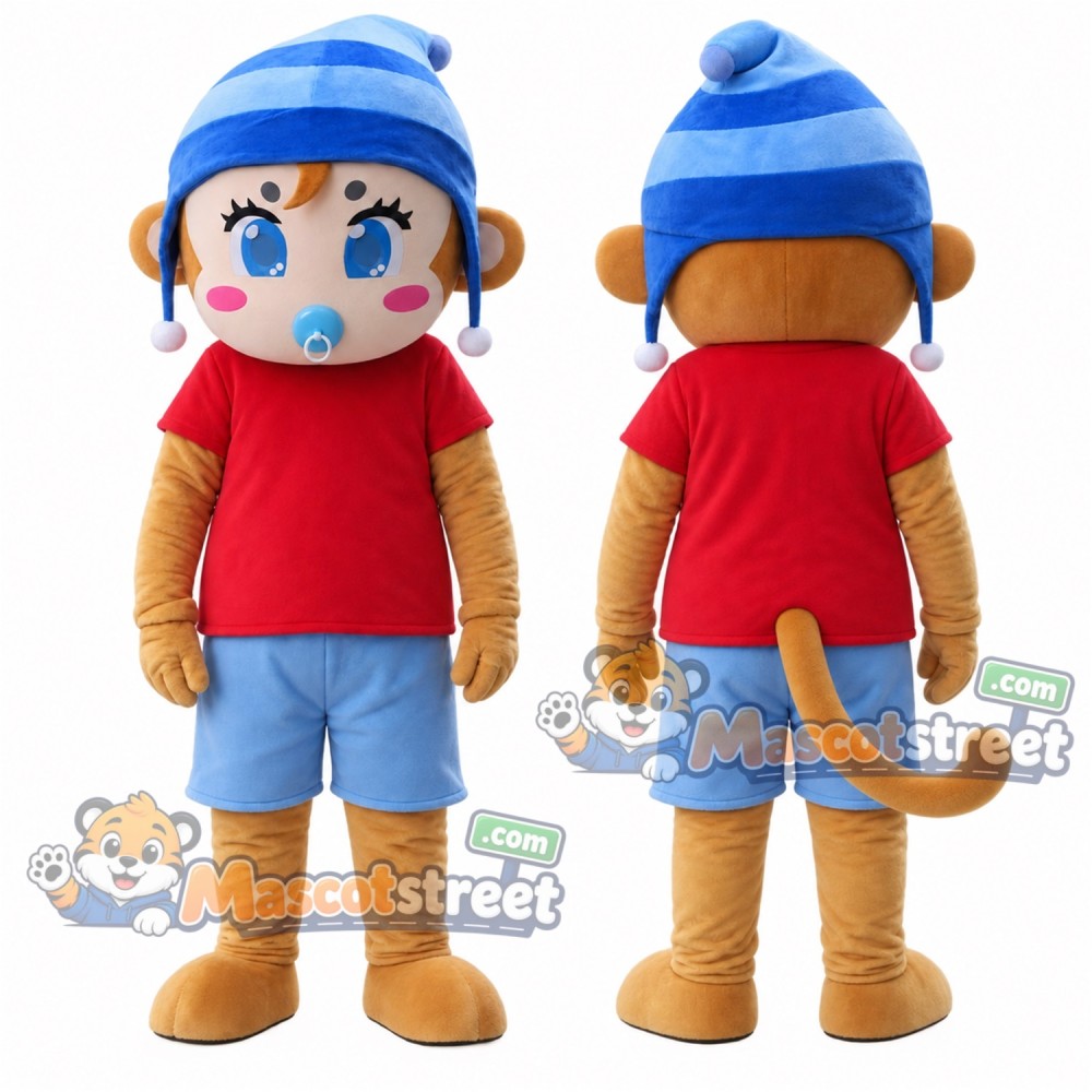 Brown Monkey Mascot Costume with Red Shirt, Blue Shorts and Blue Knit Hat Brown Monkey Mascot Costume with Red Shirt, Blue Shorts and Blue Knit Hat
