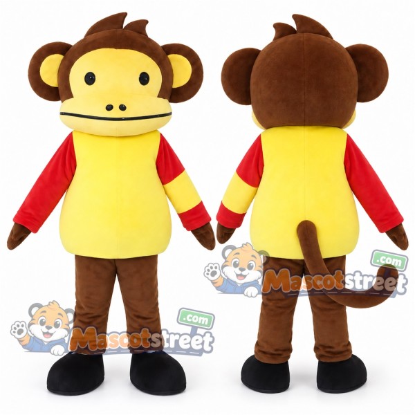 Brown Monkey Mascot Costume with Yellow Shirt with Red Sleeves