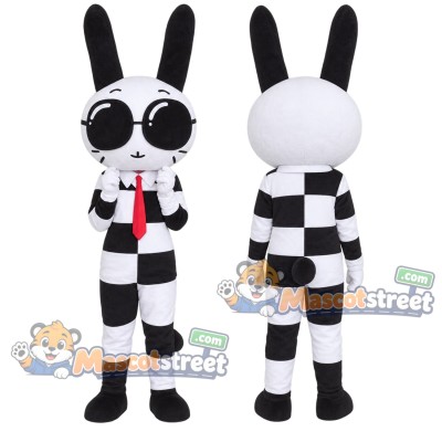 Black and White Rabbit Mascot Costume with Checkered Suit and Sunglasses Black and White Rabbit Mascot Costume with Checkered Suit and Sunglasses