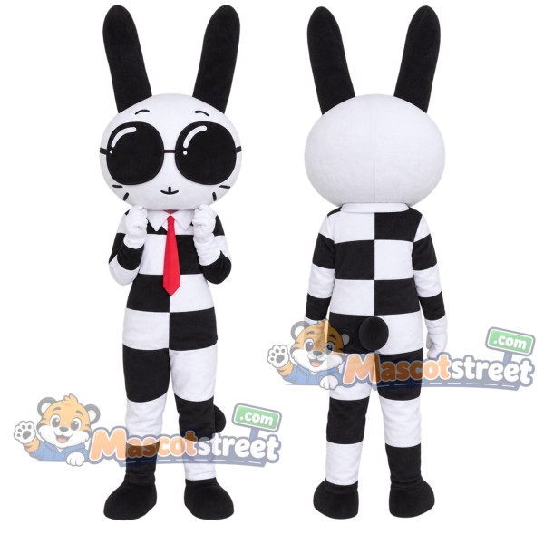Black and White Rabbit Mascot Costume with Checkered Suit and Sunglasses