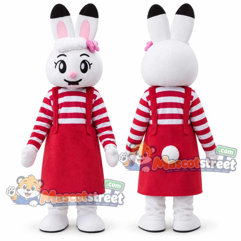 White Rabbit Mascot Costume with Red Dress and Striped Shirt