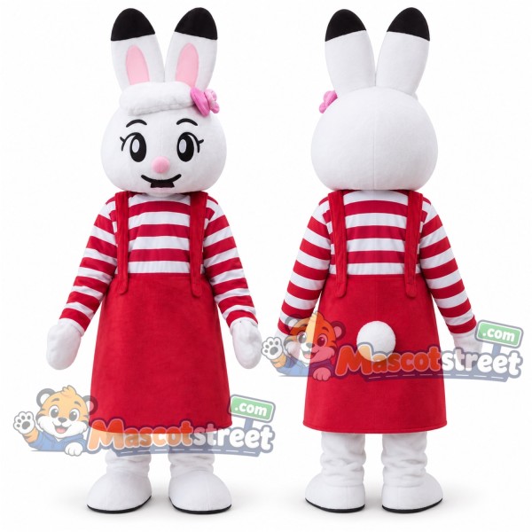 White Rabbit Mascot Costume with Red Dress and Striped Shirt
