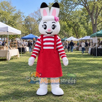White Rabbit Mascot Costume with Red Dress and Striped Shirt White Rabbit Mascot Costume with Red Dress and Striped Shirt