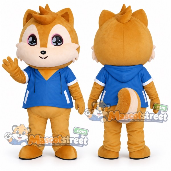 Orange Squirrel Mascot Costume with Blue Hoodie