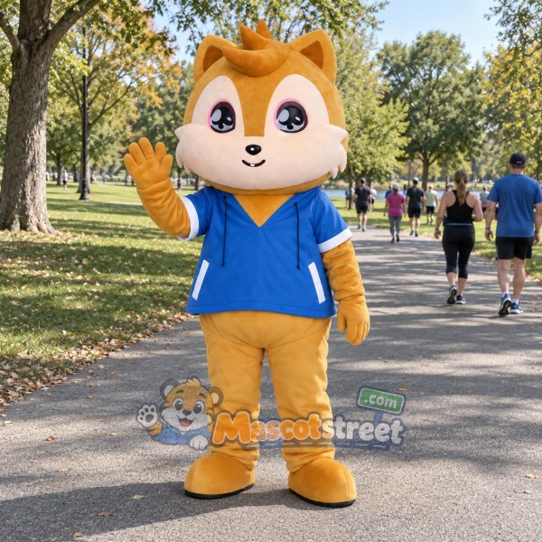 Orange Squirrel Mascot Costume with Blue Hoodie