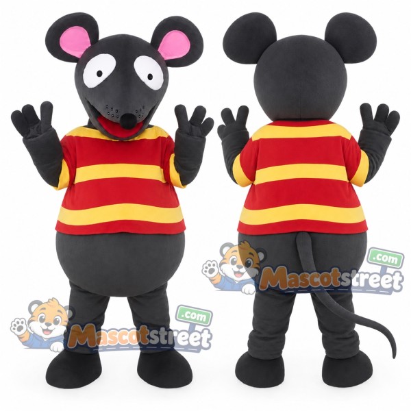 Gray Mouse Mascot Costume with Red and Yellow Striped Shirt