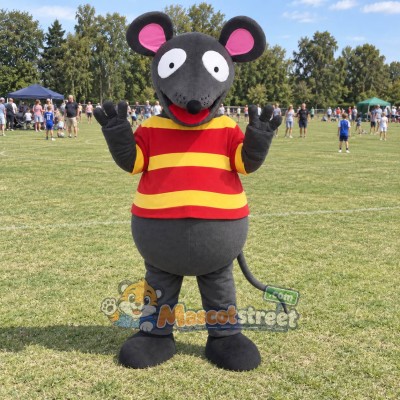 Gray Mouse Mascot Costume with Red and Yellow Striped Shirt Gray Mouse Mascot Costume with Red and Yellow Striped Shirt