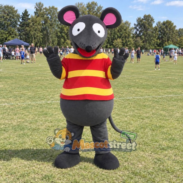 Gray Mouse Mascot Costume with Red and Yellow Striped Shirt