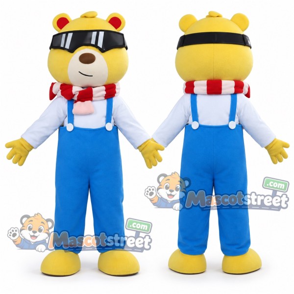 Yellow Bear Mascot Costume with Blue Overalls and Striped Scarf
