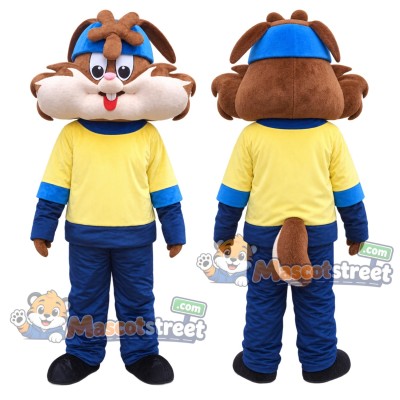 Brown Chipmunk Mascot Costume with Yellow Shirt, Navy Pants and Blue Cap Brown Chipmunk Mascot Costume with Yellow Shirt, Navy Pants and Blue Cap