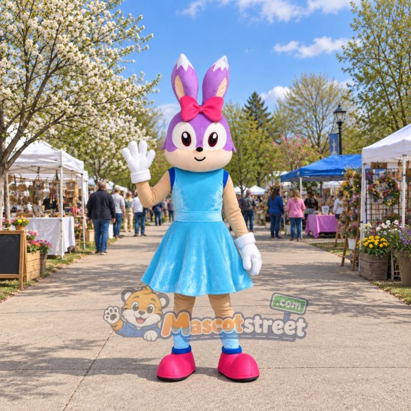 Purple Rabbit Mascot Costume with Blue Dress