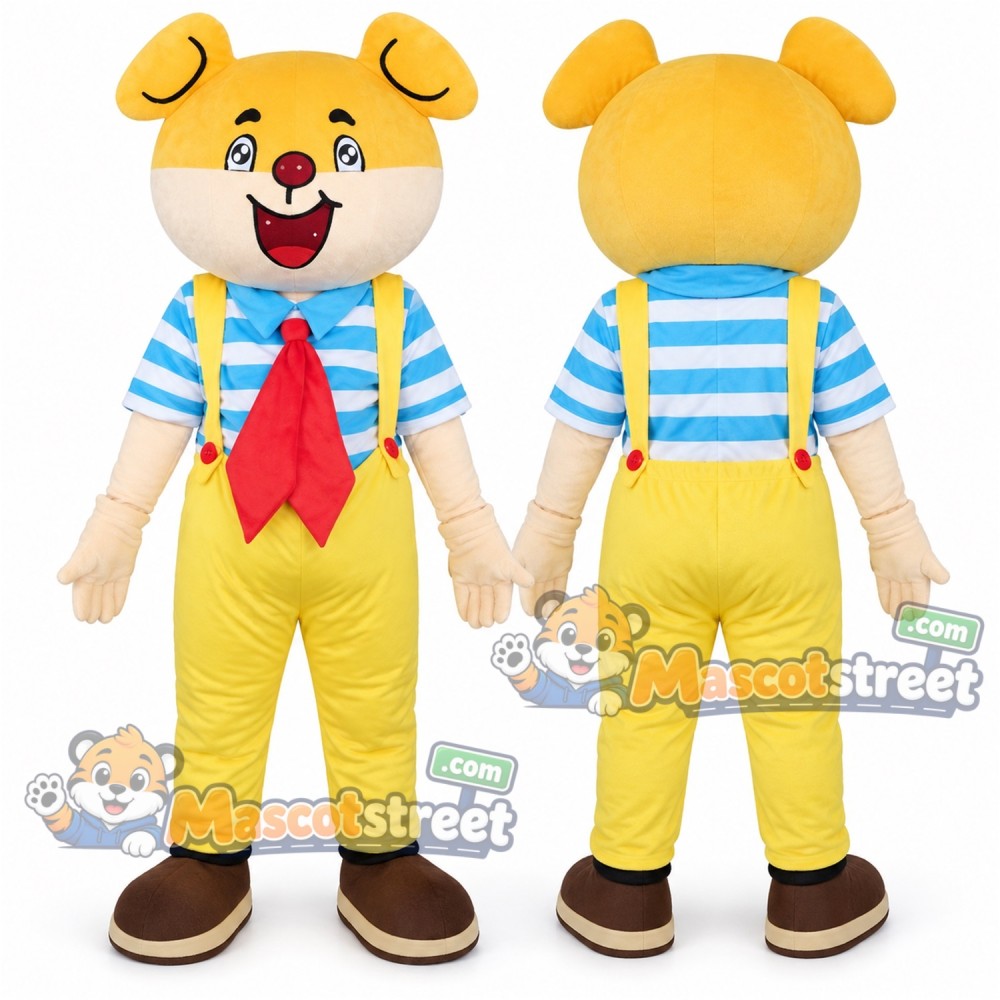Yellow Dog Mascot Costume with Striped Shirt, Yellow Overalls and Red Tie