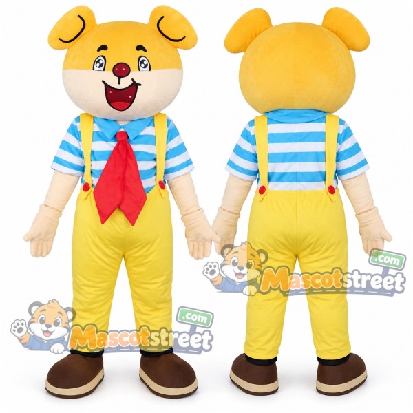 Yellow Dog Mascot Costume with Striped Shirt, Yellow Overalls and Red Tie