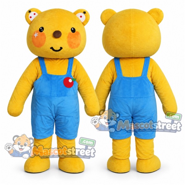 Yellow Bear Mascot Costume with Blue Overalls
