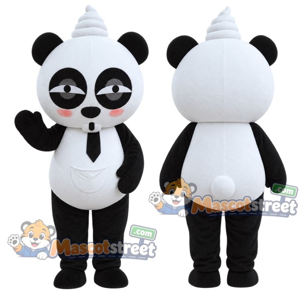 Panda Mascot Costume with Black Tie and White Party Hat