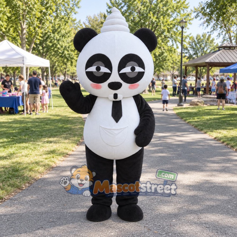 Panda Mascot Costume with Black Tie and White Party Hat