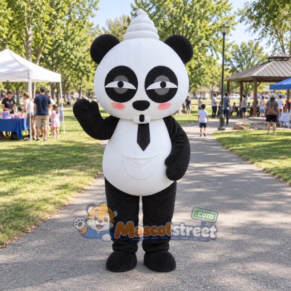 Panda Mascot Costume with Black Tie and White Party Hat