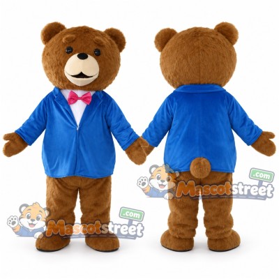 Brown Bear Mascot Costume with Blue Jacket and Pink Bow Tie
