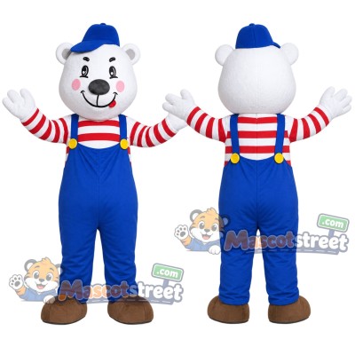 White Bear Mascot Costume with Blue Overalls, Striped Shirt and Blue Cap