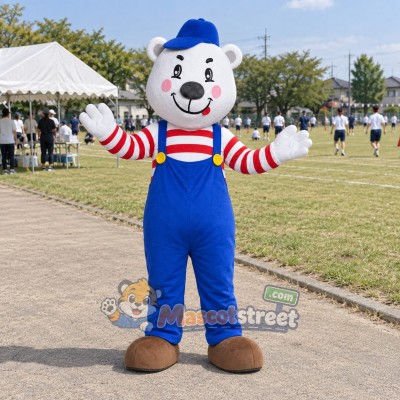 White Bear Mascot Costume with Blue Overalls, Striped Shirt and Blue Cap White Bear Mascot Costume with Blue Overalls, Striped Shirt and Blue Cap