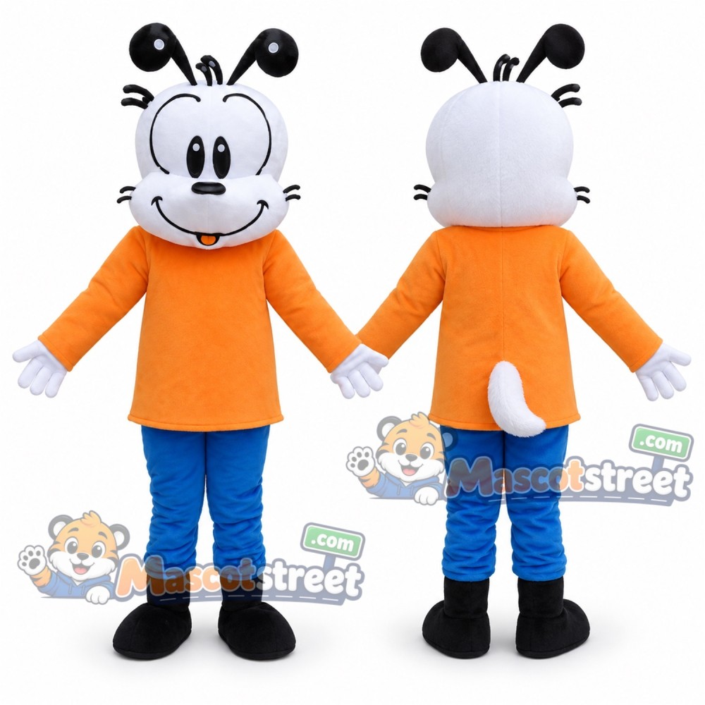 White Cat Mascot Costume with Orange Shirt and Blue Pants White Cat Mascot Costume with Orange Shirt and Blue Pants