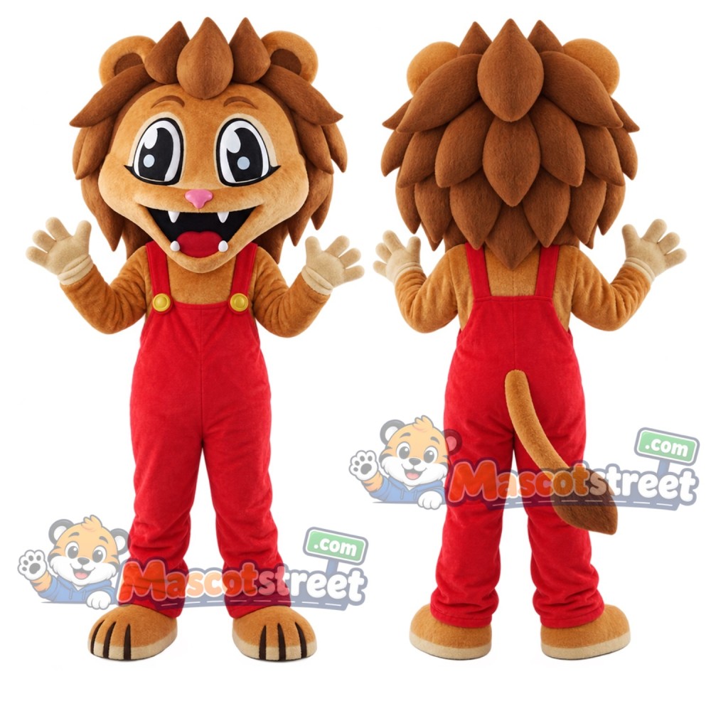 Brown Lion Mascot Costume with Red Overalls Brown Lion Mascot Costume with Red Overalls