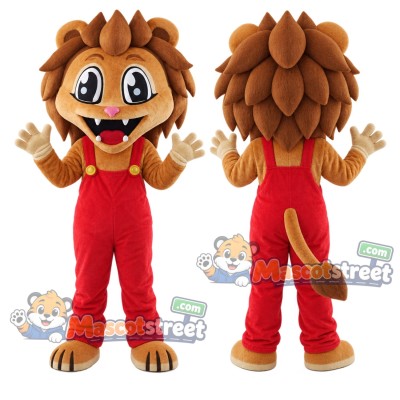 Brown Lion Mascot Costume with Red Overalls Brown Lion Mascot Costume with Red Overalls