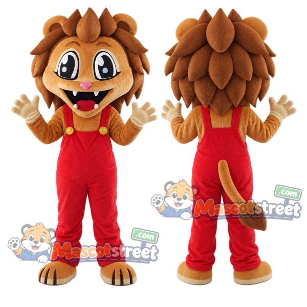 Brown Lion Mascot Costume with Red Overalls