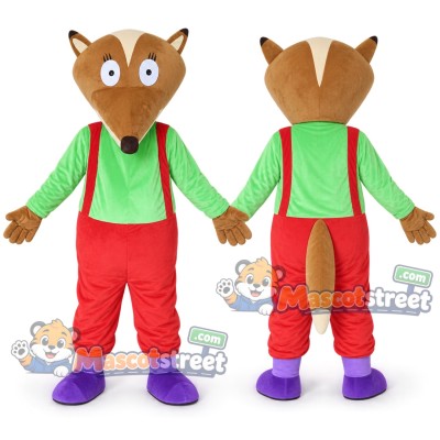 Brown Fox Mascot Costume with Green Shirt and Red Overalls Brown Fox Mascot Costume with Green Shirt and Red Overalls