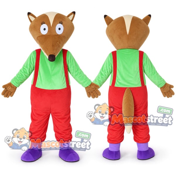 Brown Fox Mascot Costume with Green Shirt and Red Overalls