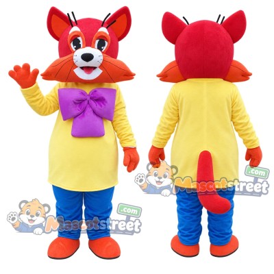 Red Mouse Mascot Costume with Yellow Shirt, Blue Pants and Purple Bow Tie Red Mouse Mascot Costume with Yellow Shirt, Blue Pants and Purple Bow Tie