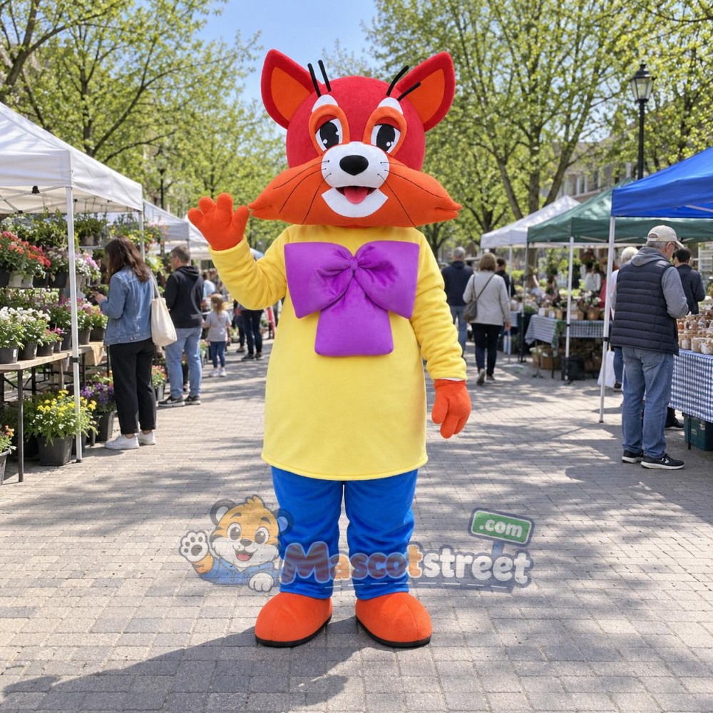 Red Mouse Mascot Costume with Yellow Shirt, Blue Pants and Purple Bow Tie
