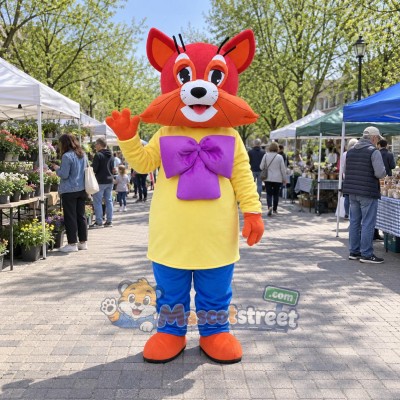 Red Mouse Mascot Costume with Yellow Shirt, Blue Pants and Purple Bow Tie