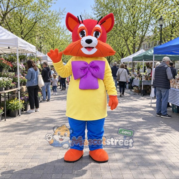 Red Mouse Mascot Costume with Yellow Shirt, Blue Pants and Purple Bow Tie