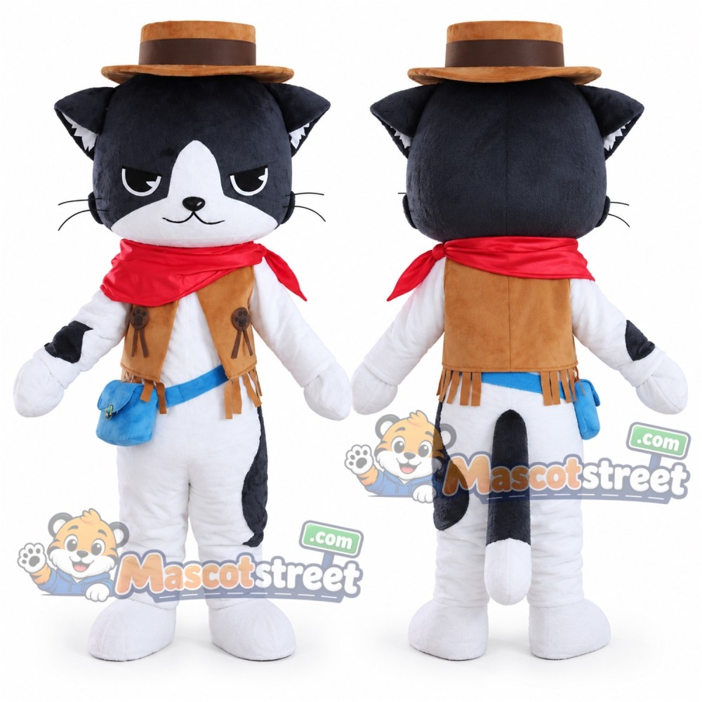 Black and White Cowboy Cat Mascot Costume with Tan Vest, Brown Hat and Red Scarf