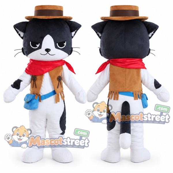 Black and White Cowboy Cat Mascot Costume with Tan Vest, Brown Hat and Red Scarf