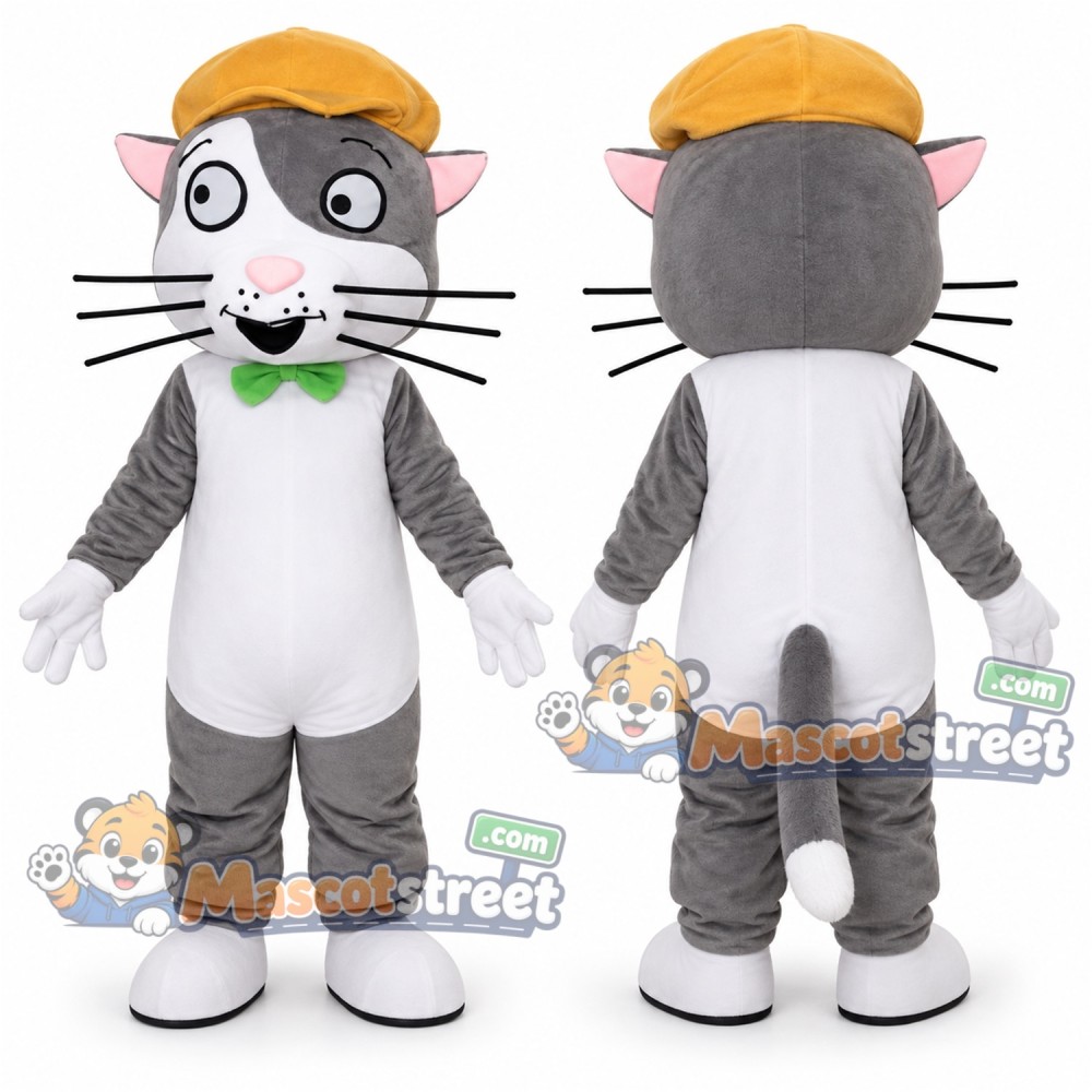Gray Cat Mascot Costume with Yellow Cap and Green Bow Tie Gray Cat Mascot Costume with Yellow Cap and Green Bow Tie