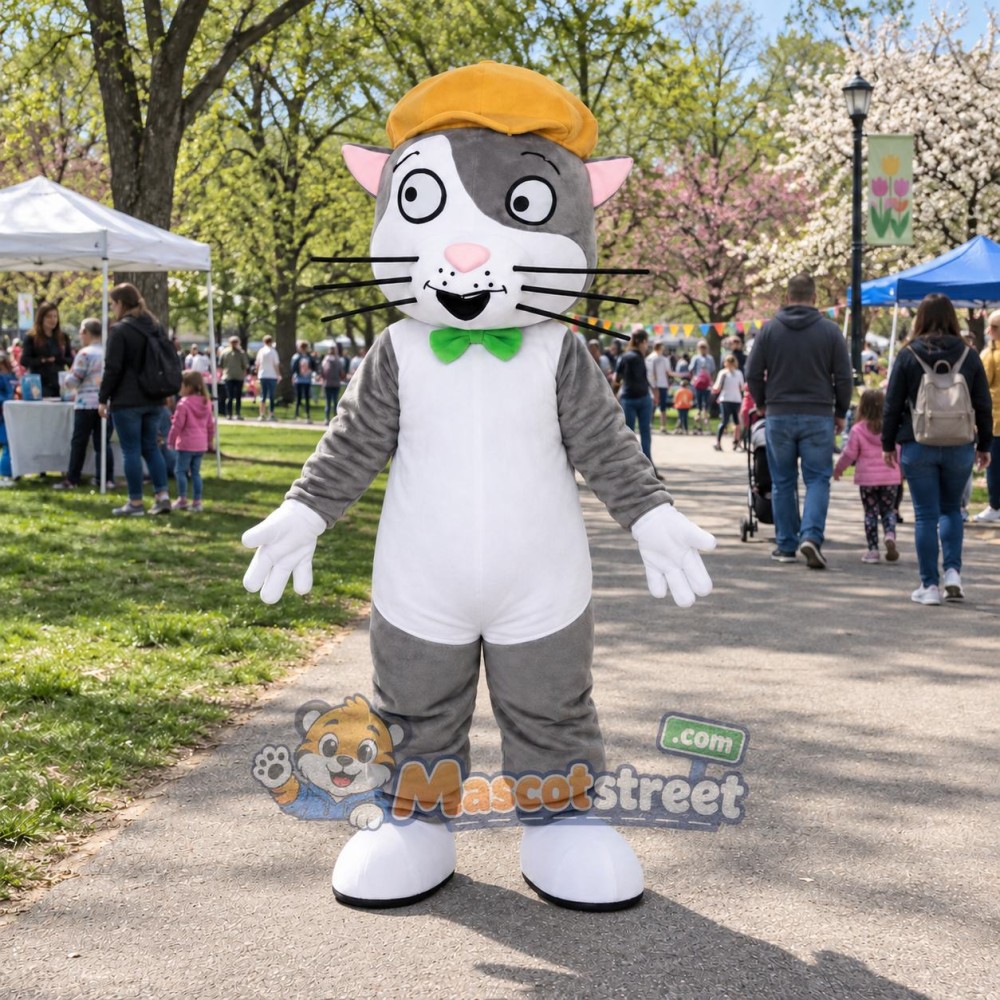 Gray Cat Mascot Costume with Yellow Cap and Green Bow Tie Gray Cat Mascot Costume with Yellow Cap and Green Bow Tie