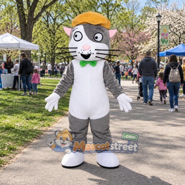 Gray Cat Mascot Costume with Yellow Cap and Green Bow Tie
