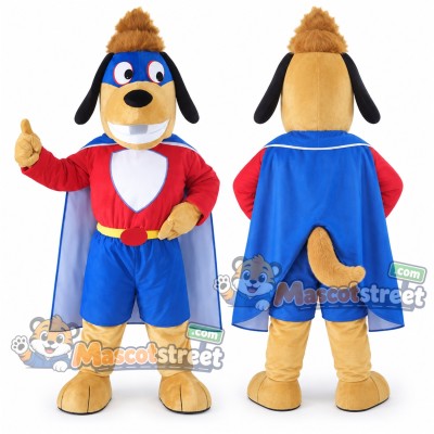 Brown Superhero Dog Mascot Costume with Red Shirt, Blue Shorts, Cape and Eye Mask Brown Superhero Dog Mascot Costume with Red Shirt, Blue Shorts, Cape and Eye Mask