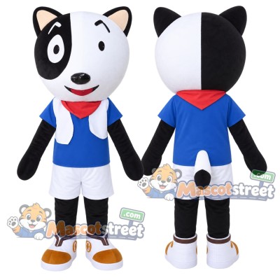 Black and White Dog Mascot Costume with Blue Shirt, White Shorts and Red Neckerchief