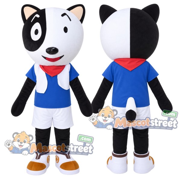 Black and White Dog Mascot Costume with Blue Shirt, White Shorts and Red Neckerchief