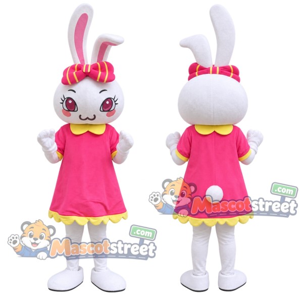 White Rabbit Mascot Costume with Pink Dress