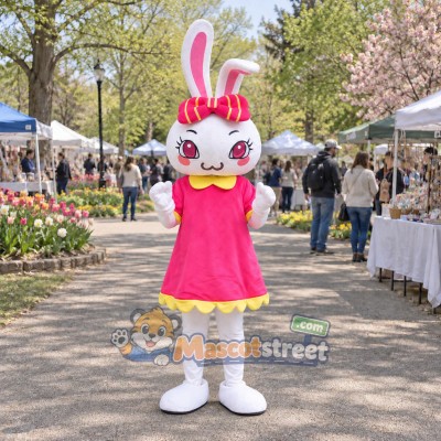 White Rabbit Mascot Costume with Pink Dress