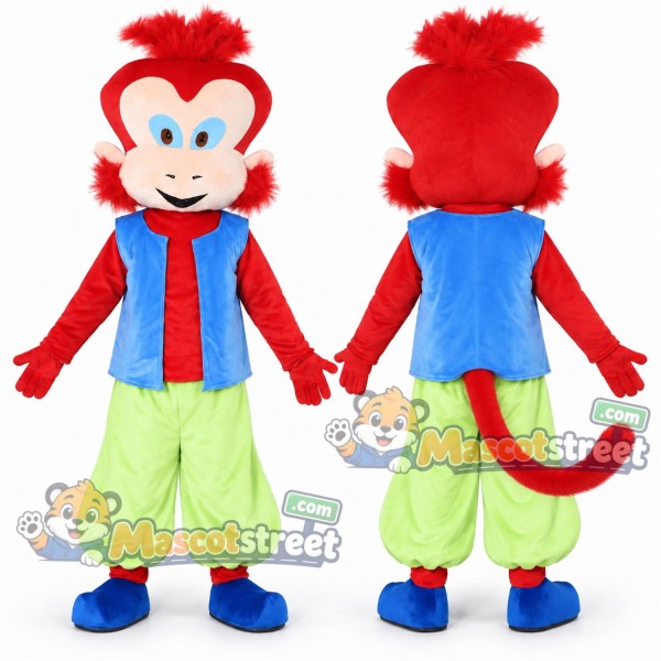 Red Monkey Mascot Costume with Blue Vest and Light Green Pants
