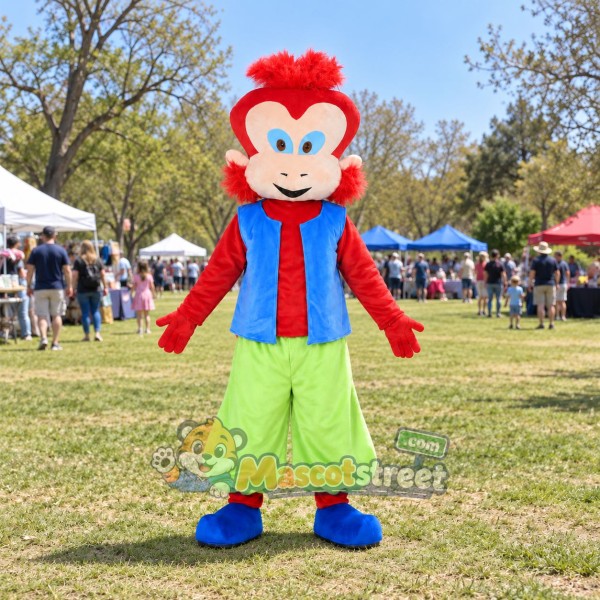 Red Monkey Mascot Costume with Blue Vest and Light Green Pants