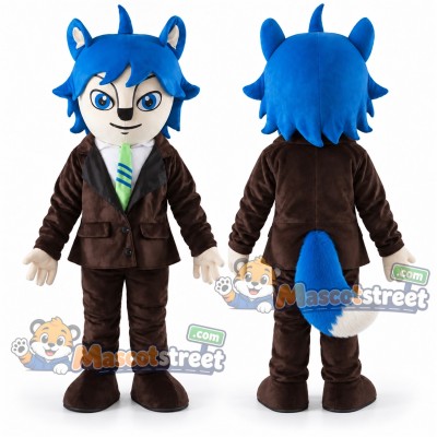 Blue Wolf Mascot Costume with Brown Suit and Green Tie