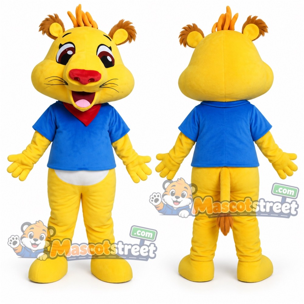 Yellow Lion Mascot Costume with Blue Shirt and White Shorts Yellow Lion Mascot Costume with Blue Shirt and White Shorts
