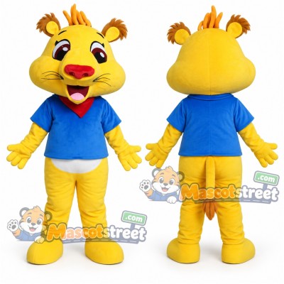 Yellow Lion Mascot Costume with Blue Shirt and White Shorts Yellow Lion Mascot Costume with Blue Shirt and White Shorts