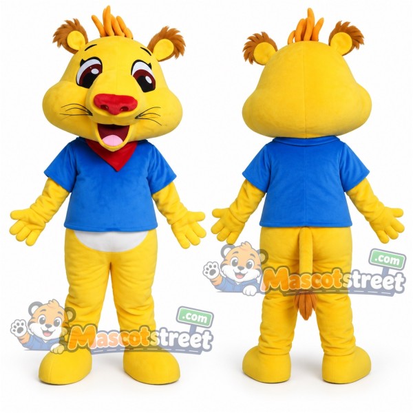 Yellow Lion Mascot Costume with Blue Shirt and White Shorts